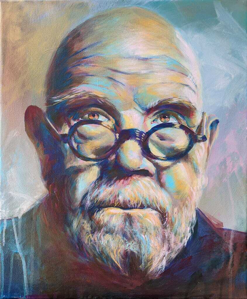 Portrait of Chuck Close in bold abstract colors by Heidi Neilson