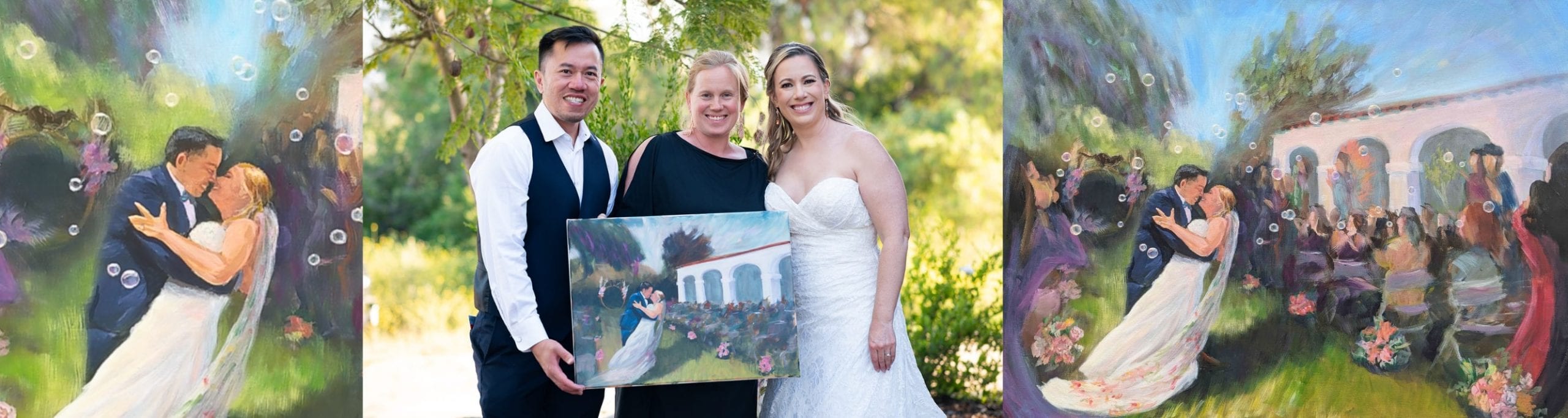 The artist and couple with their Los Angeles Live wedding painting.