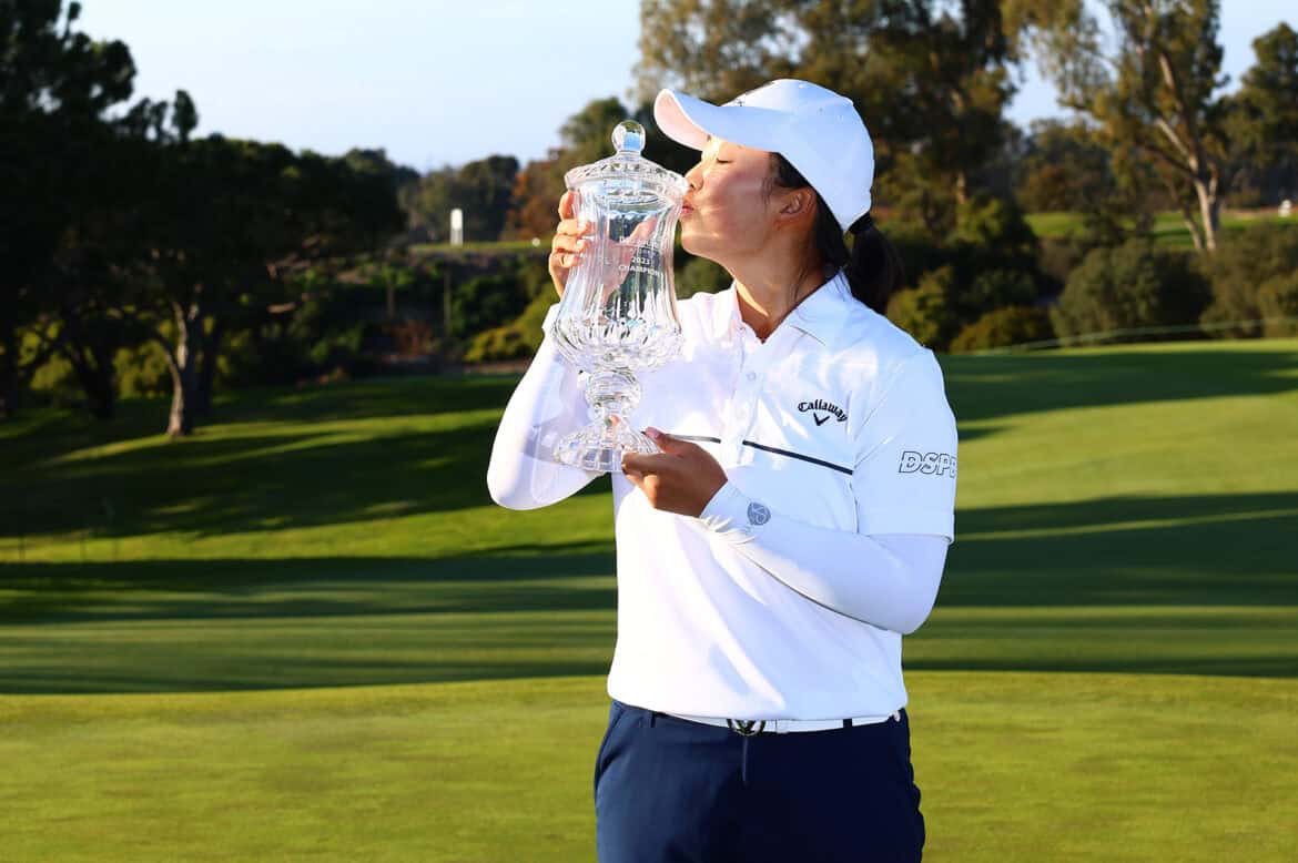 PALOS VERDES ESTATES, CALIFORNIA - APRIL 02: Ruoning Yin of China poses with the winner's trophy after winning the DIO Implant LA Open at Palos Verdes Golf Club on April 02, 2023 in Palos Verdes Estates, California. (Photo by Katelyn Mulcahy/Getty Images)