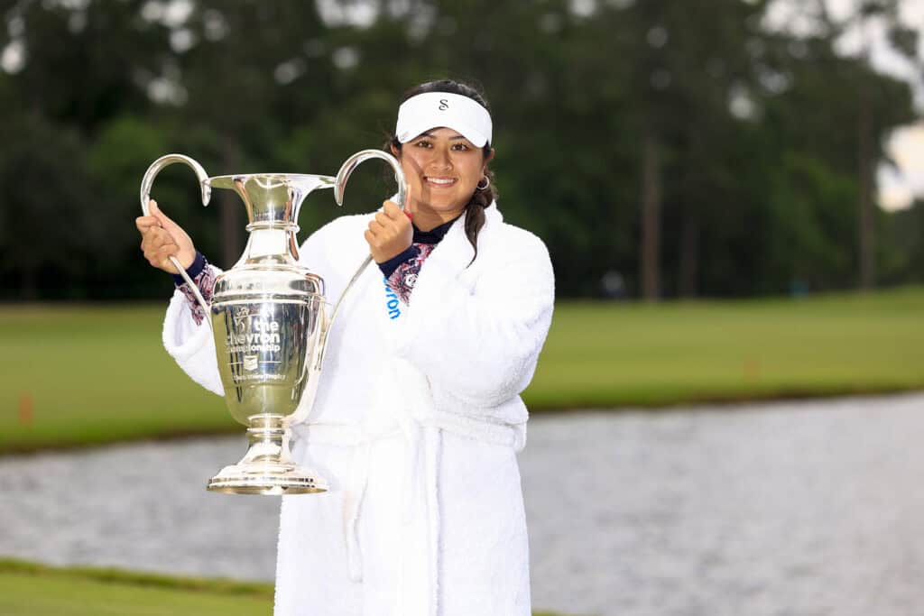 THE WOODLANDS, TEXAS - APRIL 23: Lilia Vu of the United States celebrates with the trophy after winning in a one-hole playoff during the final round of The Chevron Championship at The Club at Carlton Woods on April 23, 2023 in The Woodlands, Texas. (Photo by Carmen Mandato/Getty Images)