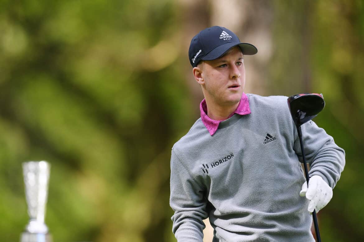 WOBURN, ENGLAND - MAY 11: Brendan Lawlor of Ireland reacts after teeing off on the first hole during Day Two of The G4D Open on the Duchess course at Woburn Golf Club on May 11, 2023 in Woburn, England. (Photo by Alex Burstow/R&A/R&A via Getty Images)