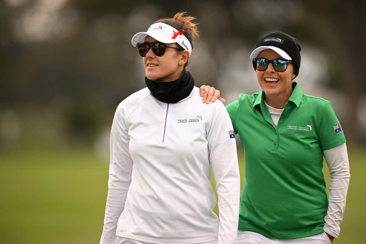 SAN FRANCISCO, CALIFORNIA - MAY 6: Hannah Green (L) and Sarah Kemp (R) of Team Australia look on from the 15th green during day three of the Hanwha LIFEPLUS International Crown at TPC Harding Park on May 6, 2023 in San Francisco, California. (Photo by Orlando Ramirez/Getty Images)
