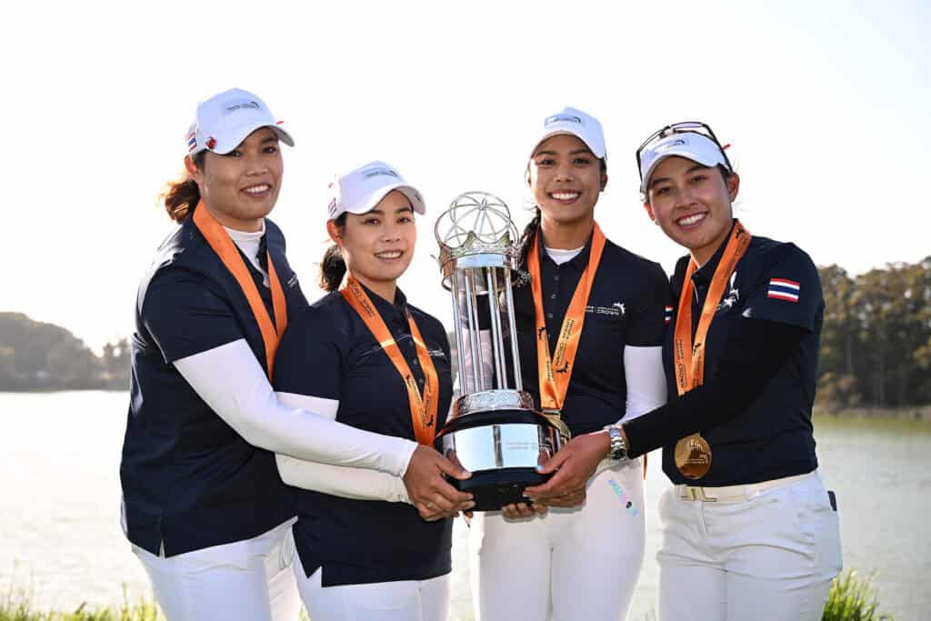 SAN FRANCISCO, CALIFORNIA - MAY 7: (L-R) Ariya Jutanugarn, Moriya Jutanugarn, Patty Tavatanakit and Atthaya Thitikul of Team Thailand pose with the winners trophy after defeating Team Australia during their Championship match in the Hanwha LIFEPLUS International Crown at TPC Harding Park on May 7, 2023 in San Francisco, California. (Photo by Orlando Ramirez/Getty Images)