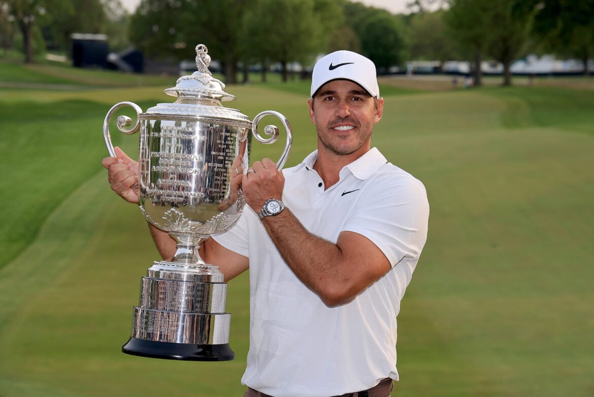 ROCHESTER, NEW YORK - MAY 21: Brooks Koepka of The United States holds the Wanamaker Trophy after his win the final round of the 2023 PGA Championship at Oak Hill Country Club on May 21, 2023 in Rochester, New York. (Photo by David Cannon/Getty Images)