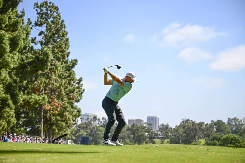 Rory McIlroy tees off on the 6th hole during the final round of the 2023 U.S. Open at The Los Angeles Country Club in Los Angeles, Calif. on Sunday, June 18, 2023. (Robert Beck/USGA)