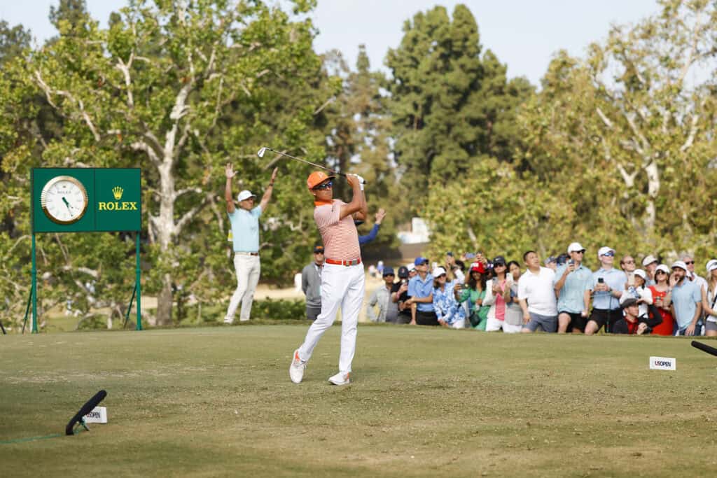 Rickie Fowler tees off on the ninth hole during the final round of the 2023 U.S. Open at The Los Angeles Country Club in Los Angeles, Calif. on Sunday, June 18, 2023. (Kathryn Riley/USGA)