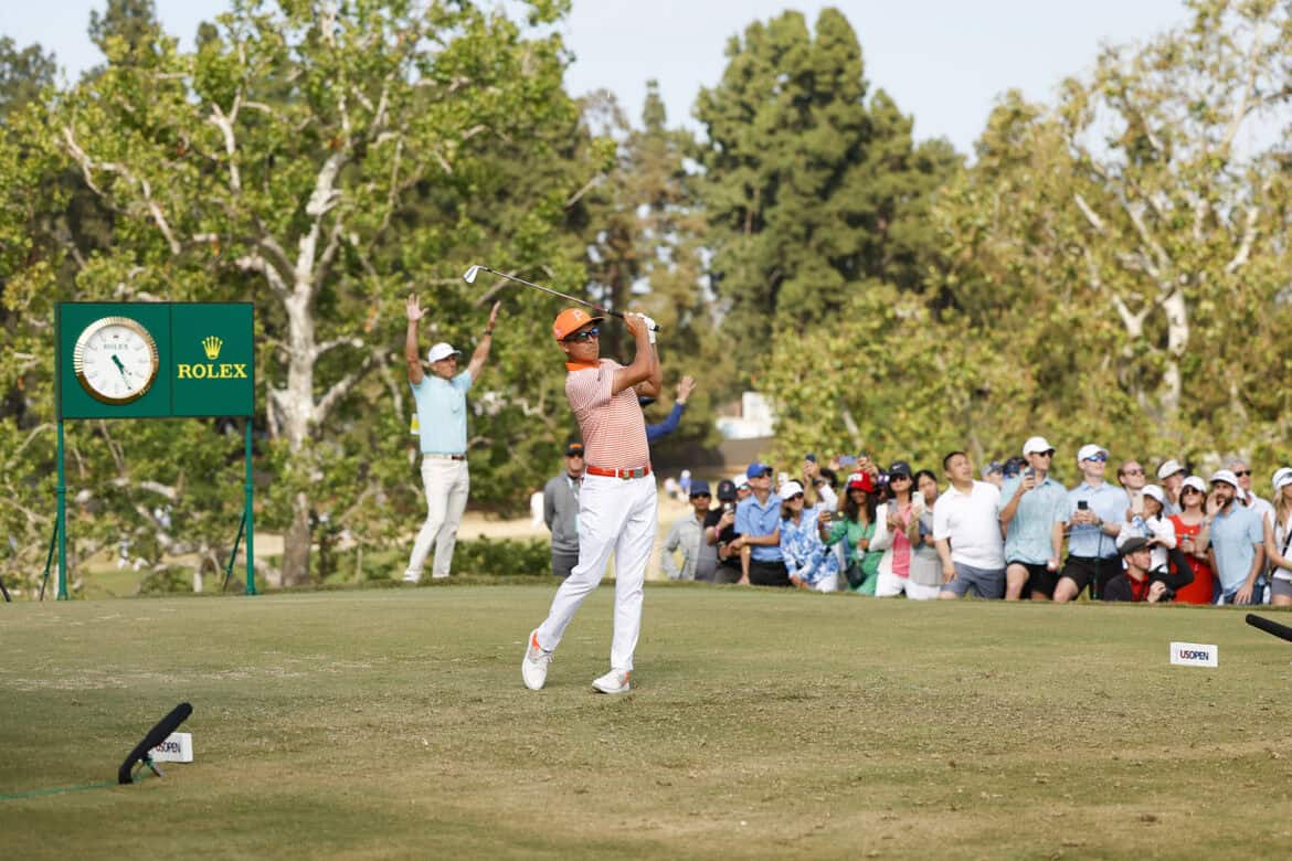 Rickie Fowler tees off on the ninth hole during the final round of the 2023 U.S. Open at The Los Angeles Country Club in Los Angeles, Calif. on Sunday, June 18, 2023. (Kathryn Riley/USGA)