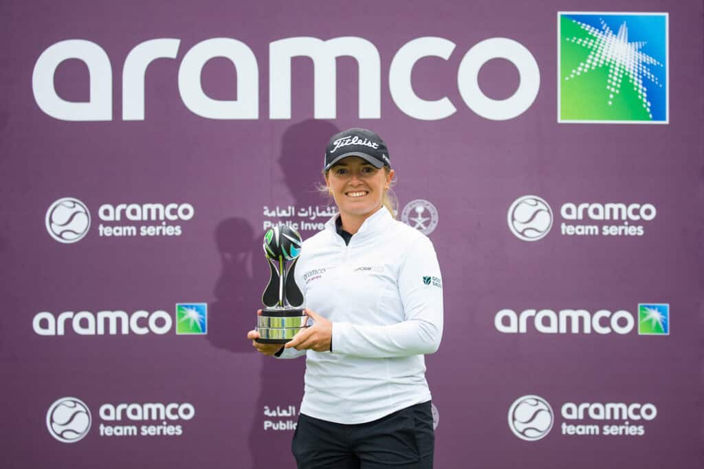 18/06/2022. Ladies European Tour 2022. Aramco Team Series London, Centurion Club, St Albans, England June 16-18 2022. Bronte Law of England with her trophy. Credit: Tristan Jones/LET