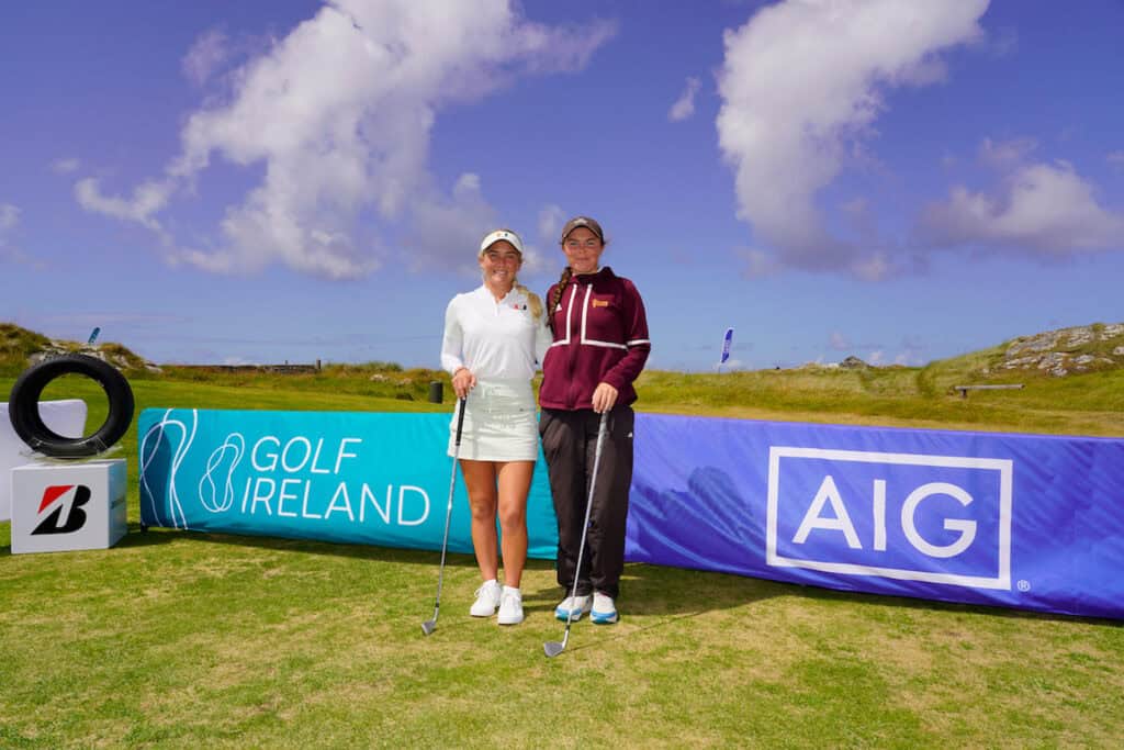 Sara Byrne (Douglas) and Beth Coulter (Kirkistown Castle) at the 1st tee during the Final of the AIG Irish Women's Amateur Close Championship, Connemara Golf Links, Ballyconneely, Co. Galway. 25/06/2023.
Picture: Golffile | Thos Caffrey