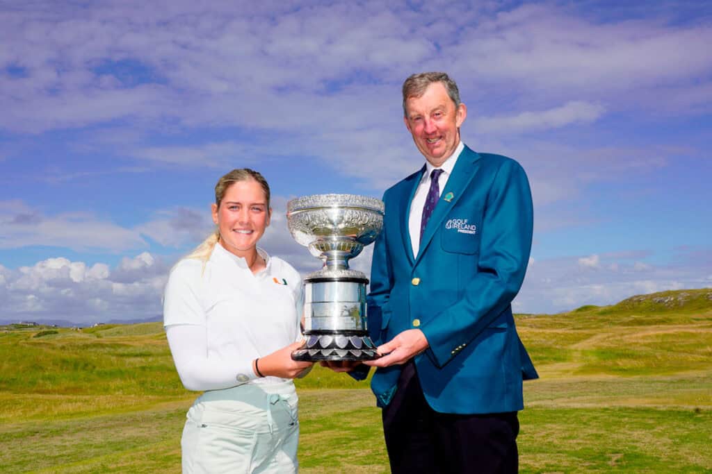 Jim Long (President Golf Ireland) presents the trophy to Sara Byrne (Douglas) winner of the AIG Irish Women's Amateur Close Championship, Connemara Golf Links, Ballyconneely, Co. Galway. 25/06/2023.
Picture: Golffile | Thos Caffrey