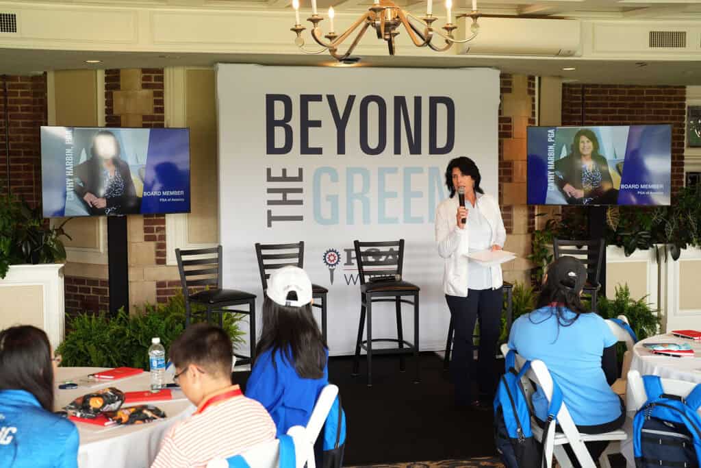 SPRINGFIELD, NJ - JUNE 19: Cathy Harbin, PGA Board of Directors speaks during a Beyond the Green event before the KPMG Women's PGA Championship at Baltusrol Golf Club on Monday, June 19, 2023 in Springfield, New Jersey. (Photo by Darren Carroll/PGA of America)