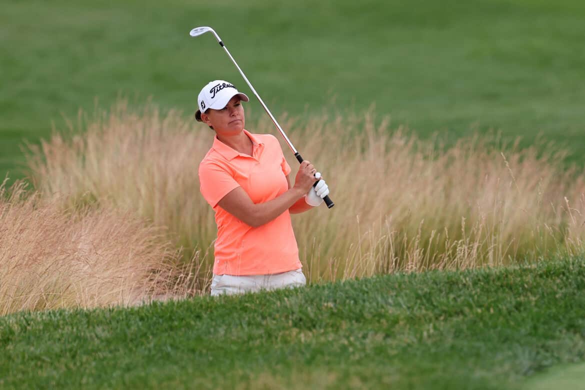 SPRINGFIELD, NJ - JUNE 22: Lee-Anne Pace hits her shot on the 16th hole during the first round of the KPMG Women's PGA Championship at Baltusrol Golf Club on Thursday, June 22, 2023 in Springfield, New Jersey. (Photo by Scott Taetsch/PGA of America)