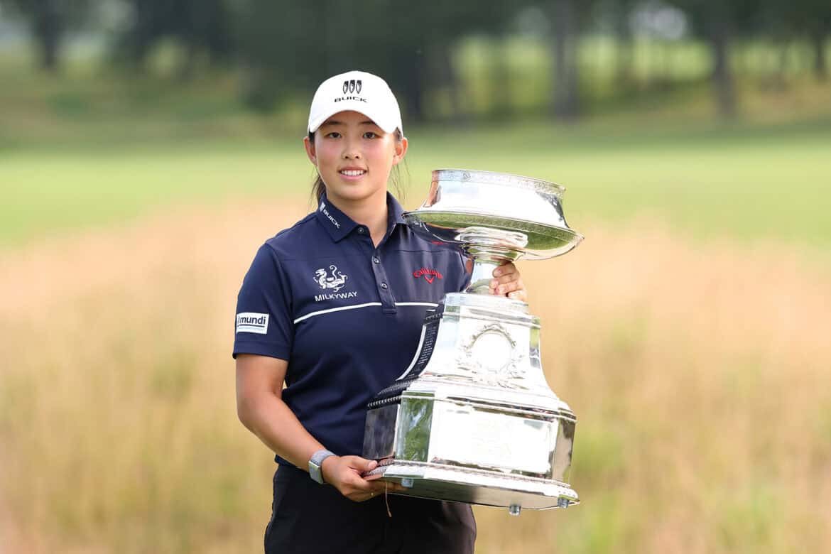SPRINGFIELD, NJ - JUNE 25: Ruoning Yin poses for a photo with the trophy after winning the final round of the KPMG Women's PGA Championship at Baltusrol Golf Club on Sunday, June 25, 2023 in Springfield, New Jersey. (Photo by Scott Taetsch/PGA of America)