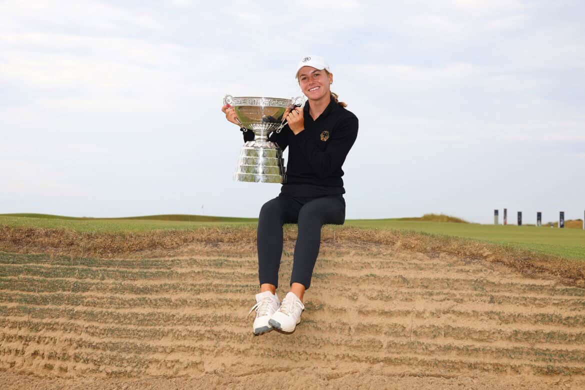 SANDWICH, ENGLAND - JUNE 18: Chiara Horder of Germany poses with the trophy after winning the R&A Women's Amateur Championship at Prince's Golf Club on June 18, 2023 in Sandwich, England. (Photo by Tom Dulat/R&A/R&A via Getty Images)