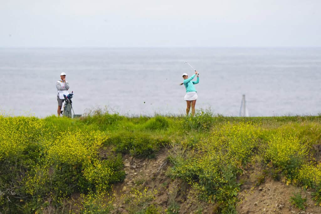 Aine Donegan plays her second shot on the eighth hole during the first round of the 2023 U.S. Women's Open at Pebble Beach Golf Links in Pebble Beach, Calif. on Thursday, July 6, 2023. (Darren Carroll/USGA)