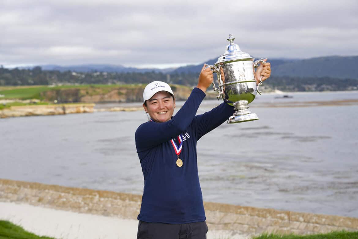 Allisen Corpuz holds the Harton S. Semple trophy after winning the 2023 U.S. Women's Open at Pebble Beach Golf Links in Pebble Beach, Calif. on Sunday, July 9, 2023. (Darren Carroll/USGA)