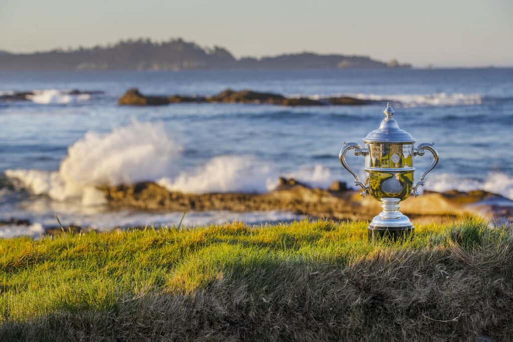 The U.S. Women’s Open Trophy as seen on the 17th hole of Pebble Beach Golf Links in the Pebble Beach, Calif. on Thursday, Feb. 17, 2022. (Copyright USGA/Kip Evans)