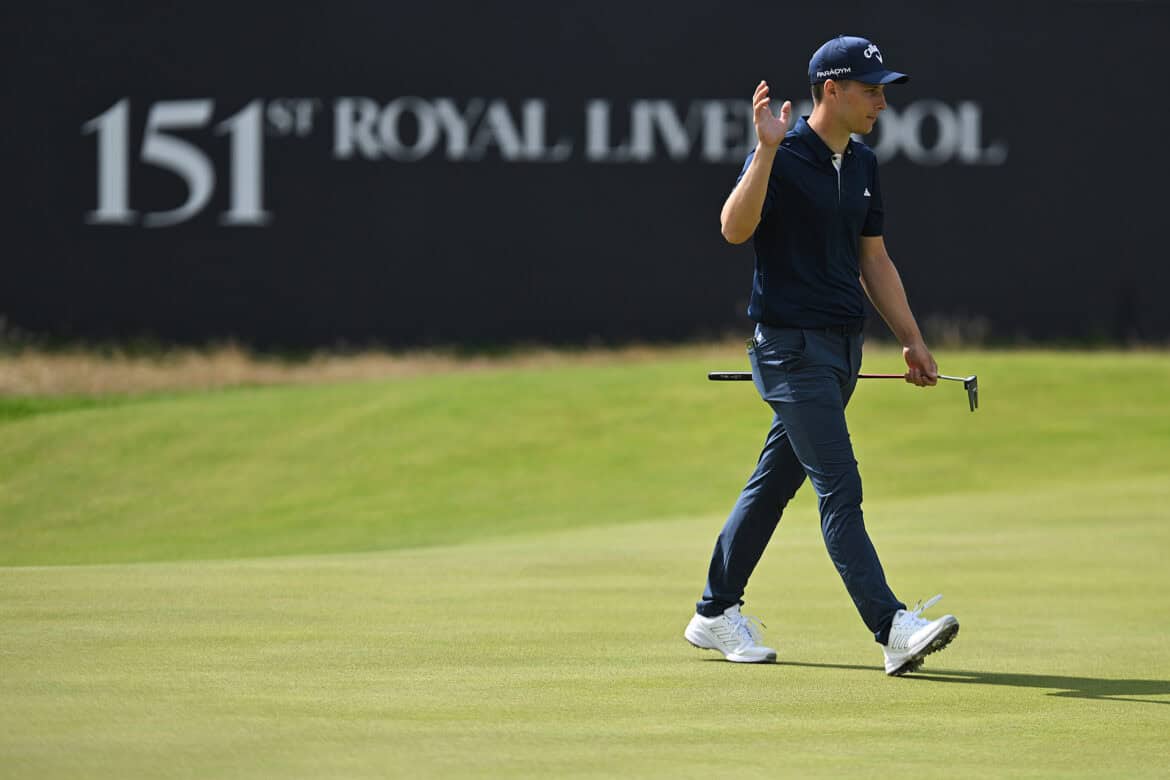 HOYLAKE, ENGLAND - JULY 20: Matthew Jordan of England reacts after completing their round during Day One of The 151st Open at Royal Liverpool Golf Club on July 20, 2023 in Hoylake, England. (Photo by Charlie Crowhurst/R&A/R&A via Getty Images)