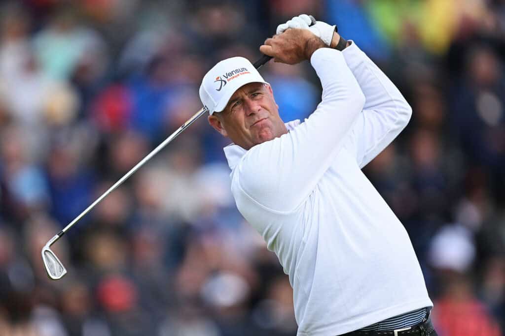 HOYLAKE, ENGLAND - JULY 20: Stewart Cink of the United States tees off the 1st during Day One of The 151st Open at Royal Liverpool Golf Club on July 20, 2023 in Hoylake, England. (Photo by Stuart Franklin/R&A/R&A via Getty Images)