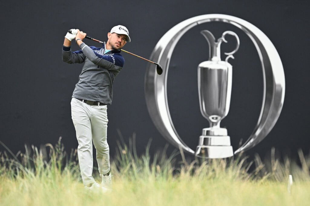 HOYLAKE, ENGLAND - JULY 22: Brian Harman of the United States tees off on the 1st hole during Day Three of The 151st Open at Royal Liverpool Golf Club on July 22, 2023 in Hoylake, England. (Photo by Oisin Keniry/R&A/R&A via Getty Images)