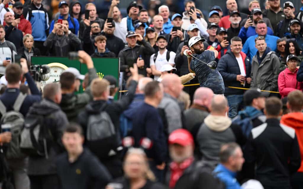 HOYLAKE, ENGLAND - JULY 22: Jon Rahm of Spain tees off on the 15th hole during Day Three of The 151st Open at Royal Liverpool Golf Club on July 22, 2023 in Hoylake, England. (Photo by Richard Heathcote/R&A/R&A via Getty Images)