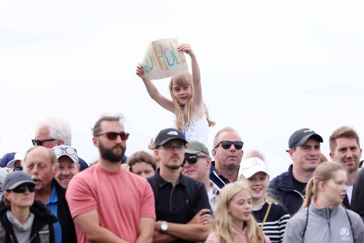 TADWORTH, ENGLAND - AUGUST 13: A young fan shows her support for Charley Hull of England (not pictured) on Day Four of the AIG Women's Open at Walton Heath Golf Club on August 13, 2023 in Tadworth, England. (Photo by Richard Heathcote/R&A/R&A via Getty Images)