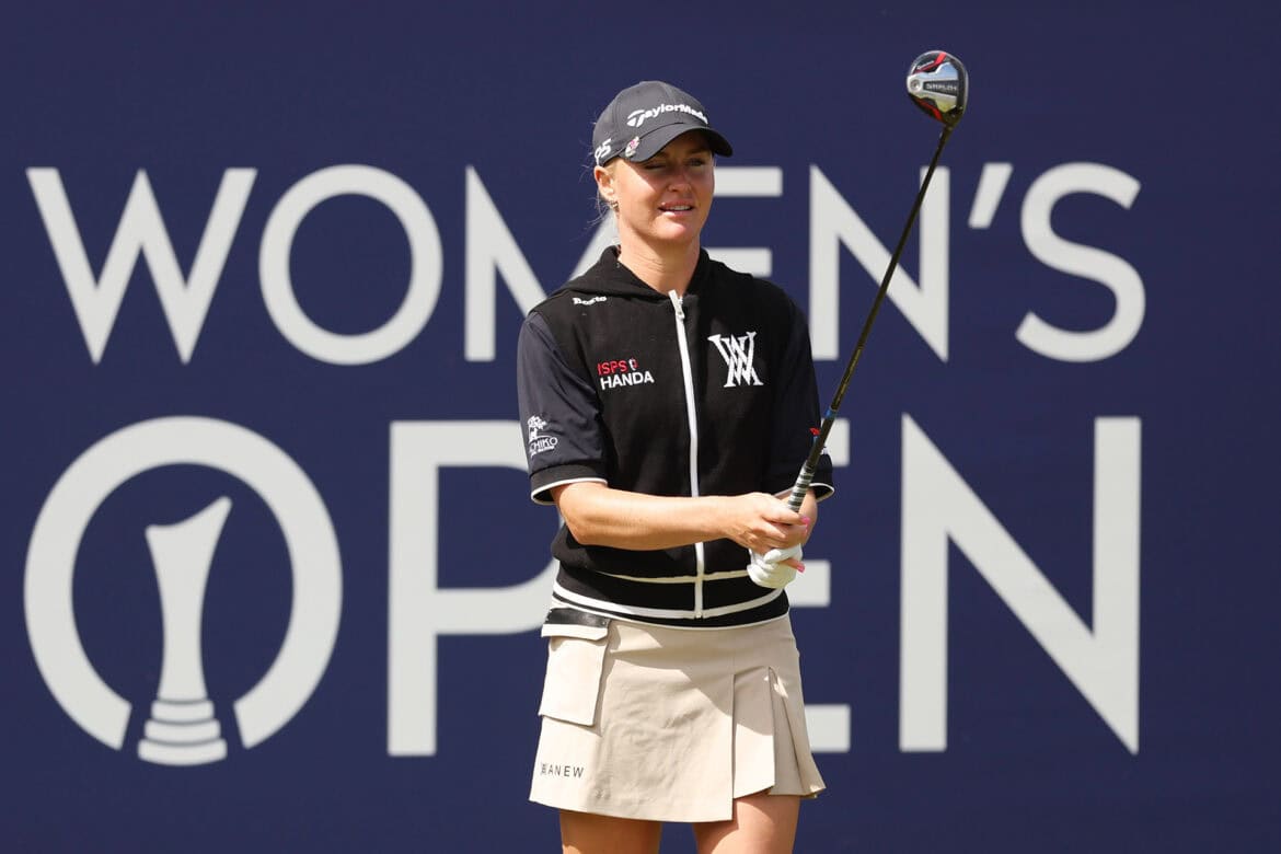 TADWORTH, ENGLAND - AUGUST 13: Charley Hull of England prepares to tee off on the 1stt hole on Day Four of the AIG Women's Open at Walton Heath Golf Club on August 13, 2023 in Tadworth, England. (Photo by Oisin Keniry/R&A/R&A via Getty Images)