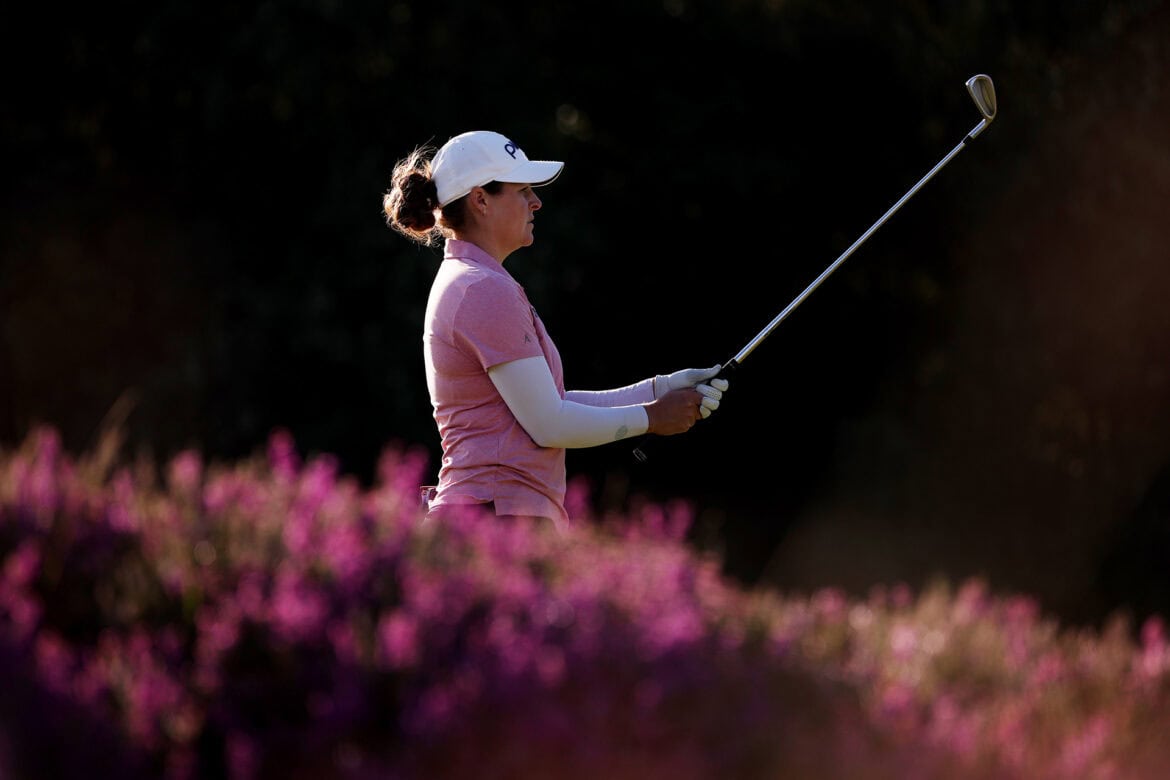 TADWORTH, ENGLAND - AUGUST 10: Ally Ewing of the United States plays a shot on the 16th hole on Day One of the AIG Women's Open at Walton Heath Golf Club on August 10, 2023 in Tadworth, England. (Photo by Steph Chambers/R&A/R&A via Getty Images)