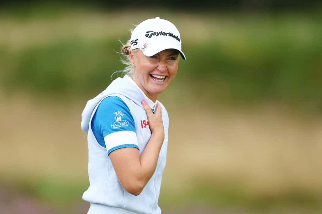 TADWORTH, ENGLAND - AUGUST 12: Charley Hull of England laughs on the 4th hole on Day Three of the AIG Women's Open at Walton Heath Golf Club on August 12, 2023 in Tadworth, England. (Photo by Chloe Knott/R&A/R&A via Getty Images)