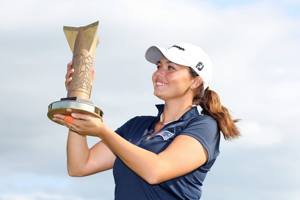 BALLYMENA, NORTHERN IRELAND - AUGUST 20: Alexa Pano of the United States poses with the trophy after winning the ISPS HANDA World Invitational presented by AVIV Clinics 2023 on the 2nd play-off hole on Day Four of the ISPS HANDA World Invitational presented by AVIV Clinics at Galgorm Castle Golf Club on August 20, 2023 in United Kingdom. (Photo by Andrew Redington/Getty Images)