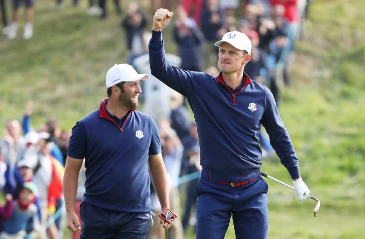 PARIS, FRANCE - SEPTEMBER 28: Justin Rose of Europe celebrates chiping in on the 12th during the morning fourball matches of the 2018 Ryder Cup at Le Golf National on September 28, 2018 in Paris, France. (Photo by Christian Petersen/Getty Images)