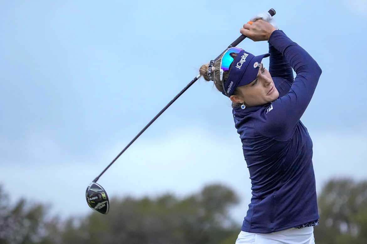 THE COLONY, TEXAS - OCTOBER 05: Lexi Thompson of the United States plays her shot from the first tee during the first round of The Ascendant LPGA benefiting Volunteers of America at Old American Golf Club on October 05, 2023 in The Colony, Texas. (Photo by Sam Hodde/Getty Images)