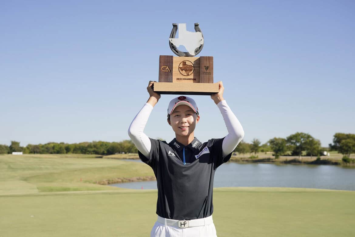 THE COLONY, TEXAS - OCTOBER 08: Hyo Joo Kim of South Korea celebrates with the trophy after winning during the final round of The Ascendant LPGA benefiting Volunteers of America at Old American Golf Club on October 08, 2023 in The Colony, Texas. (Photo by Sam Hodde/Getty Images)