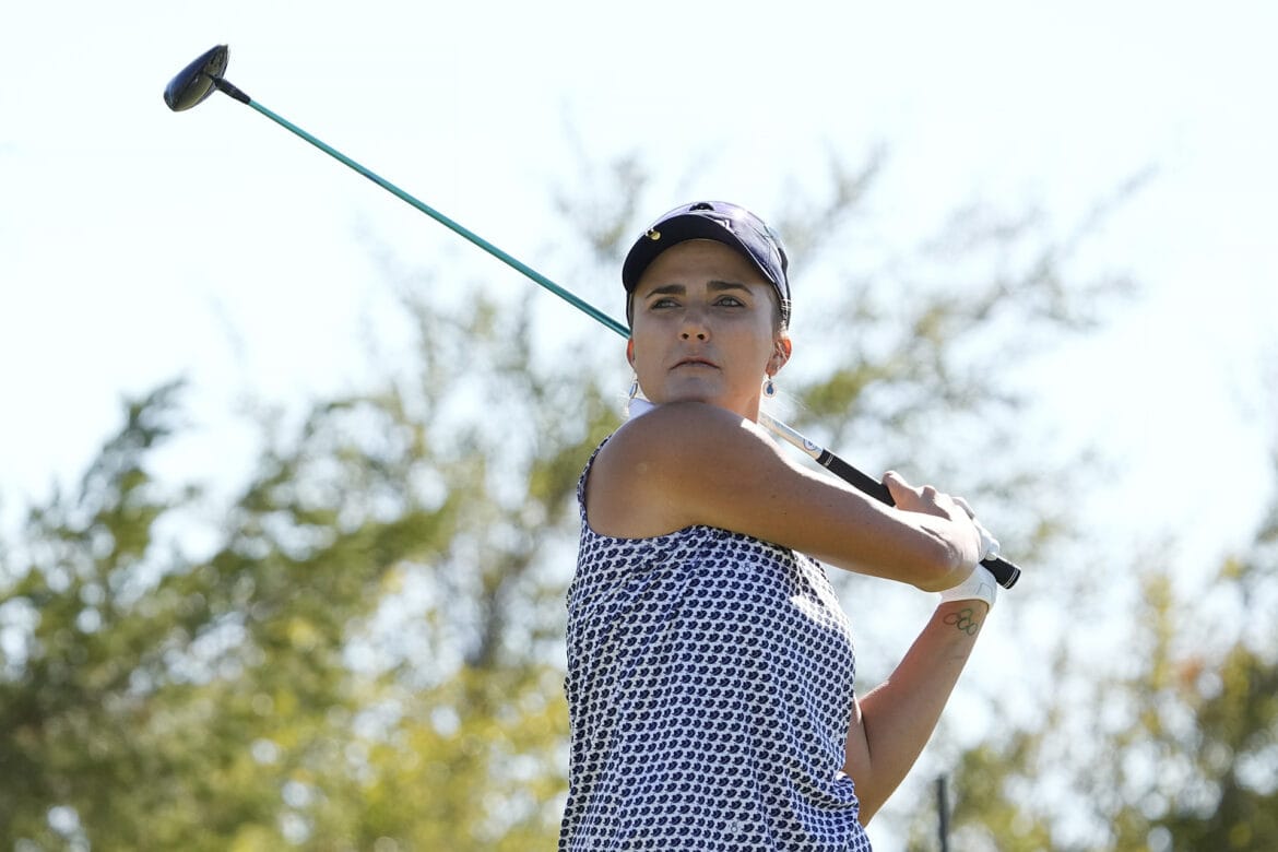 THE COLONY, TEXAS - OCTOBER 08: Lexi Thompson of the United States plays her shot from the 17th tee during the final round of The Ascendant LPGA benefiting Volunteers of America at Old American Golf Club on October 08, 2023 in The Colony, Texas. (Photo by Sam Hodde/Getty Images)