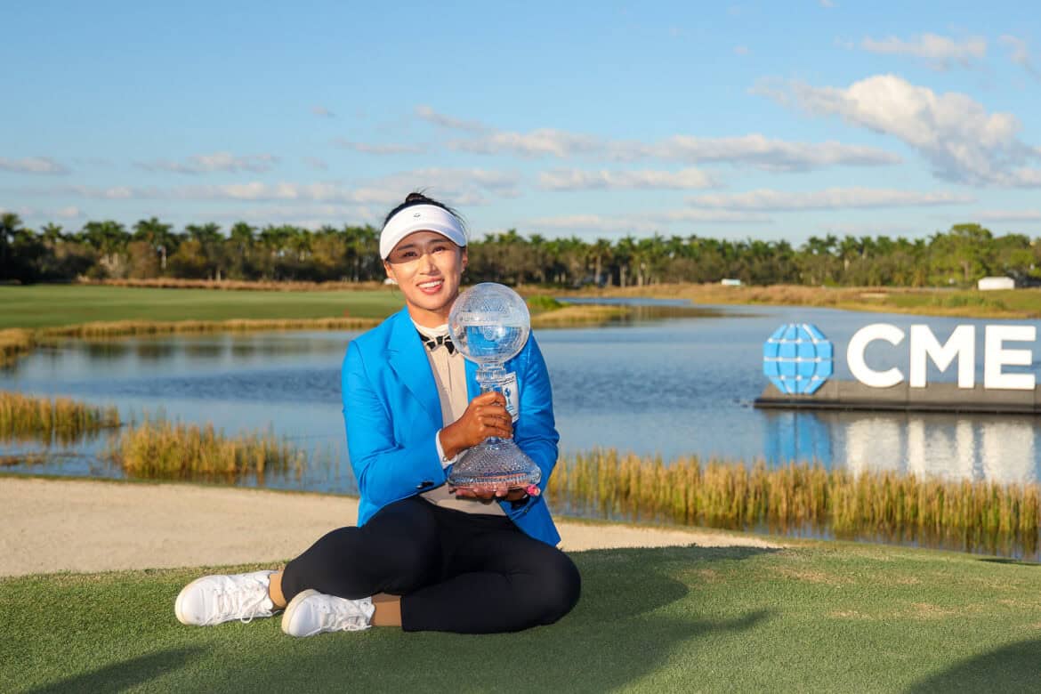 NAPLES, FLORIDA - NOVEMBER 19: Amy Yang of Korea poses with the CME Globe trophy after winning the CME Group Tour Championship at Tiburon Golf Club on November 19, 2023 in Naples, Florida. (Photo by Michael Reaves/Getty Images)