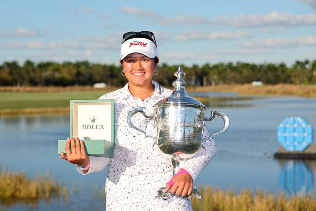 Lilia Vu of the United States poses with the Rolex Player of the Year trophy and her Rolex after the CME Group Tour Championship at Tiburon Golf Club on November 19, 2023 in Naples, Florida. (Photo by Michael Reaves/Getty Images)