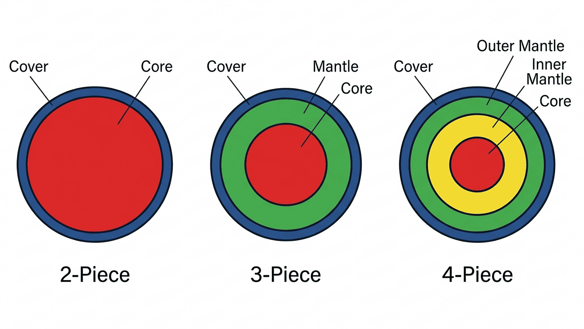 Comparison diagram of golf ball construction showing a 2‑piece ball with core and cover, a 3‑piece ball with core, mantle, and cover, and a 4‑piece ball with core, inner mantle, outer mantle, and cover