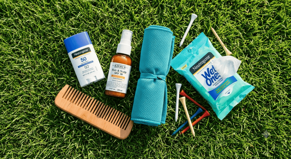 Section of items to go in a womens golf bag. includes a comb, sun cream, cooling towel