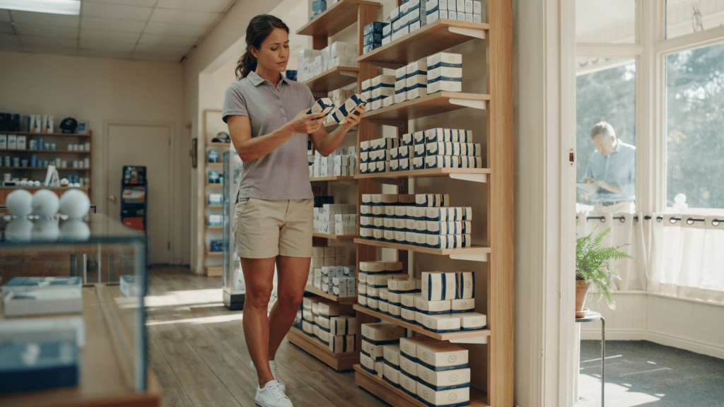 Women in Golf Shop looking at a selection of golf balls