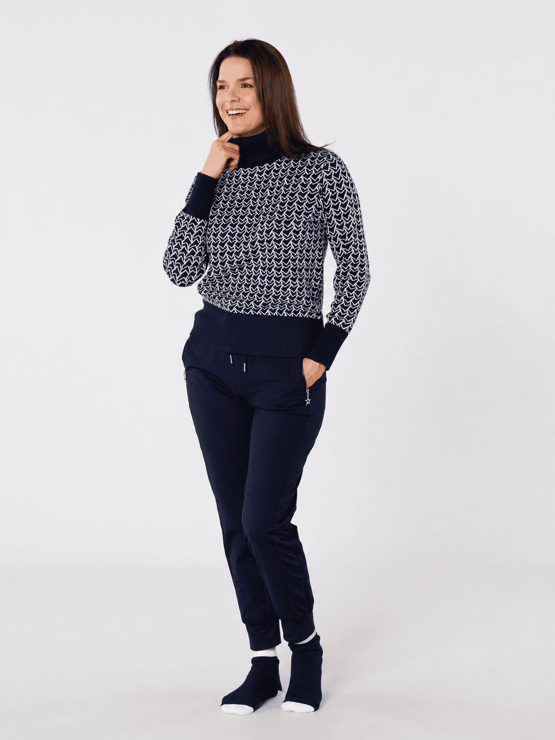 SWING OUT SISTER DONNA PATTERN KNIT ROLL NECK — MEGABYTE NAVY