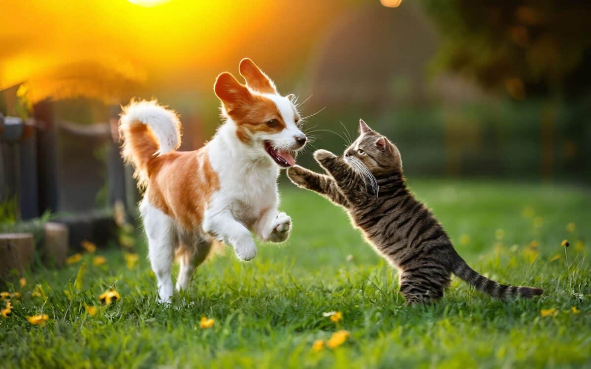 A happy dog and a playful cat interacting in a grassy field at sunset, symbolizing companionship and pet-friendly environments.