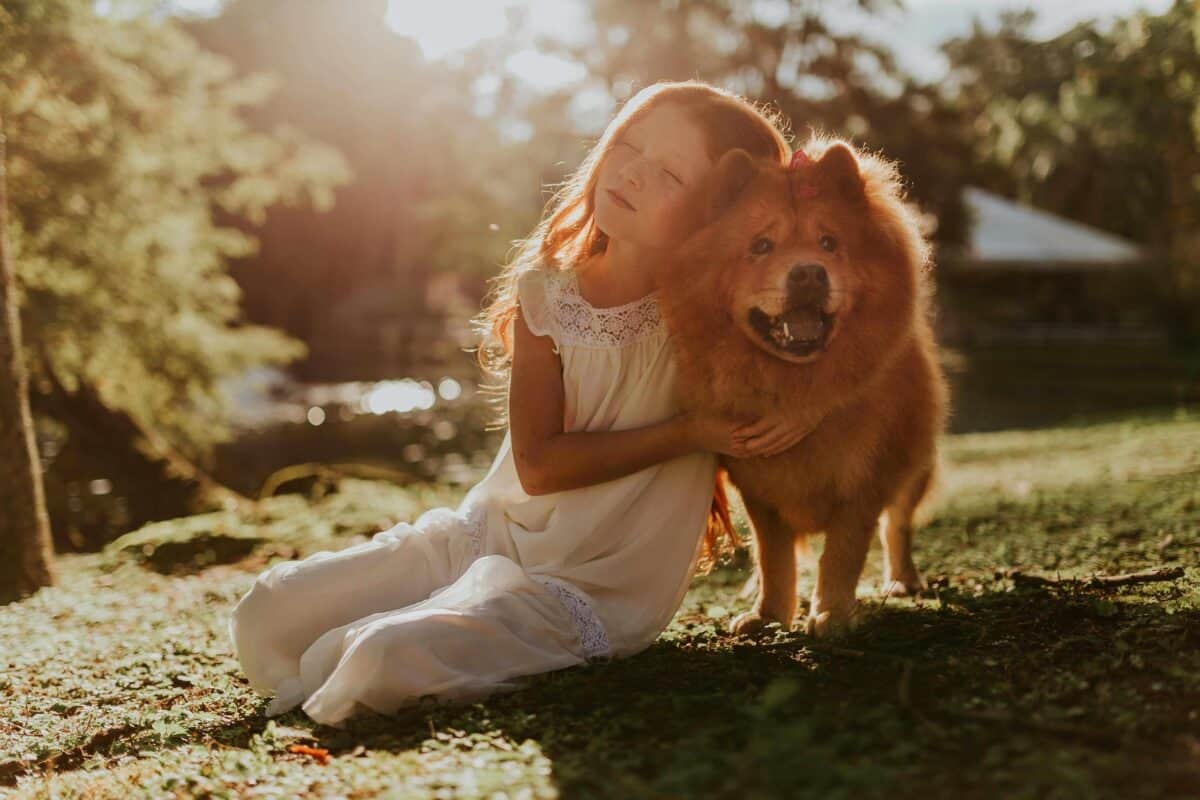 A young girl hugs her fluffy dog while sitting on the grass during a sunny summer day, symbolizing summer pet relocation