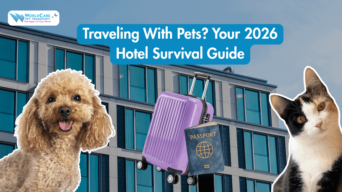 WorldCare Pet Transport guide graphic showing a dog, cat, suitcase, passport, and hotel for pet travel in 2026.