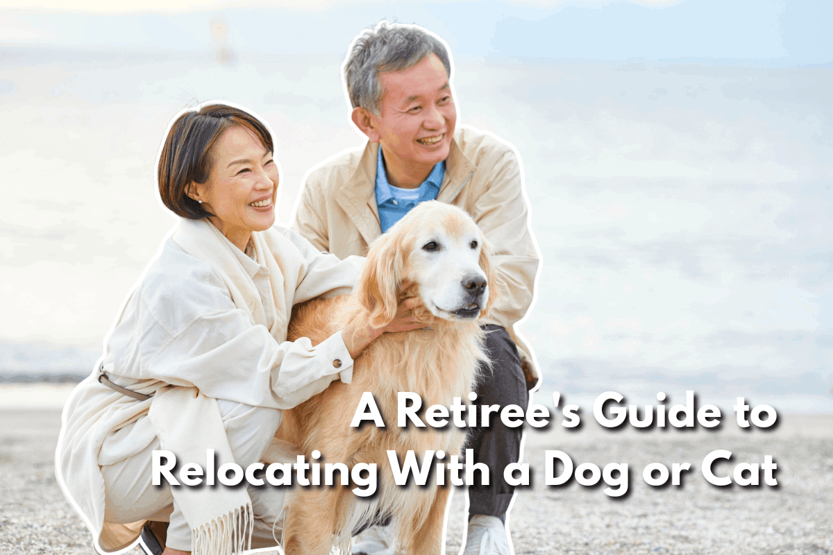 An older couple smiles on a beach with a golden retriever between them, the woman with her arm around the dog. Text reads 'A Retiree's Guide to Relocating With a Dog or Cat.