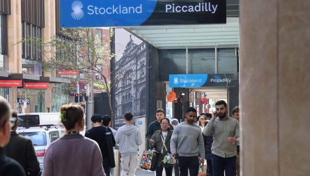 Piccadilly signage on Pitt Street with pedestrians