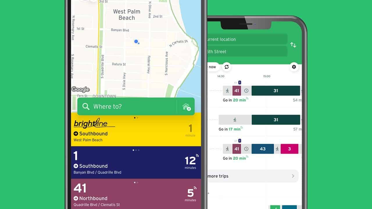 Graphic of Transit App on a smartphone with green background