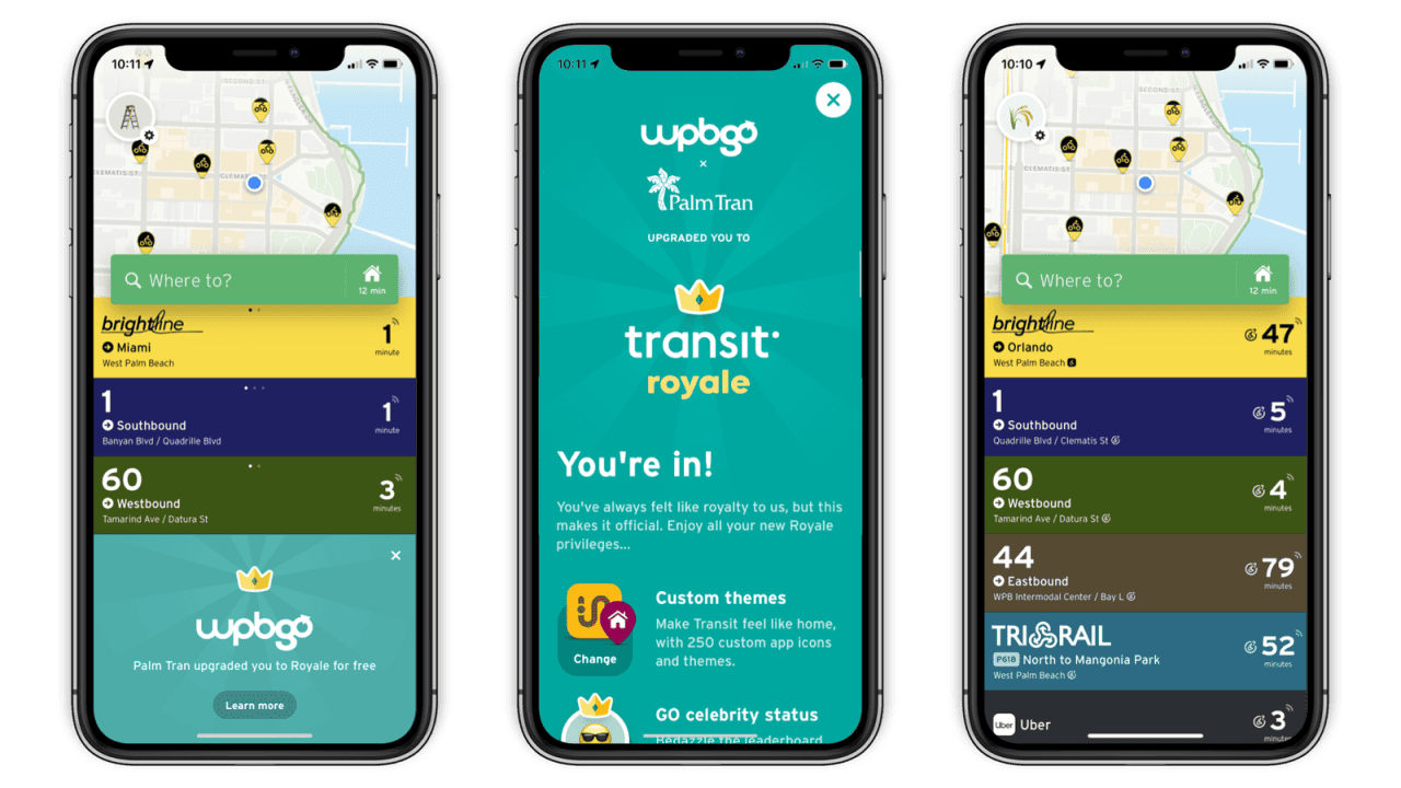Transit app Royale on three phones showing information about transit, brightbike, and Royale status.