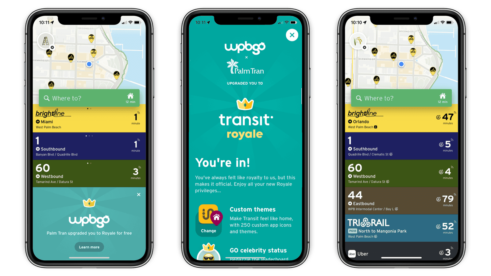Transit app Royale on three phones showing information about transit, brightbike, and Royale status.