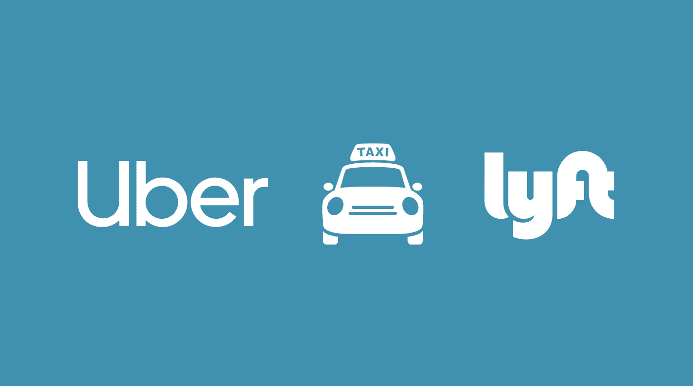 Uber, Lyft, and taxi icons on a blue background representing transportation services.