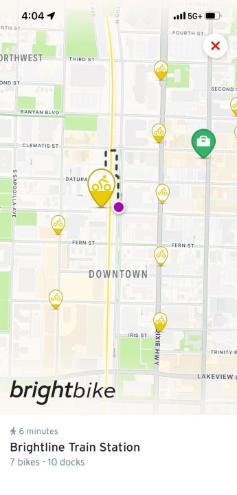 Map showing Brightline train station and nearby bike-sharing stations in Downtown West Palm Beach.